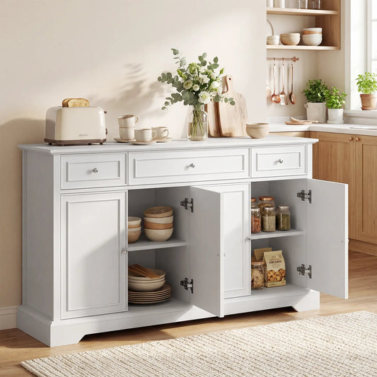 54" Sideboard Buffet Cabinet, Soft-Close Doors, 3 Drawers, White Bar Cabinets White at Gallery Canada