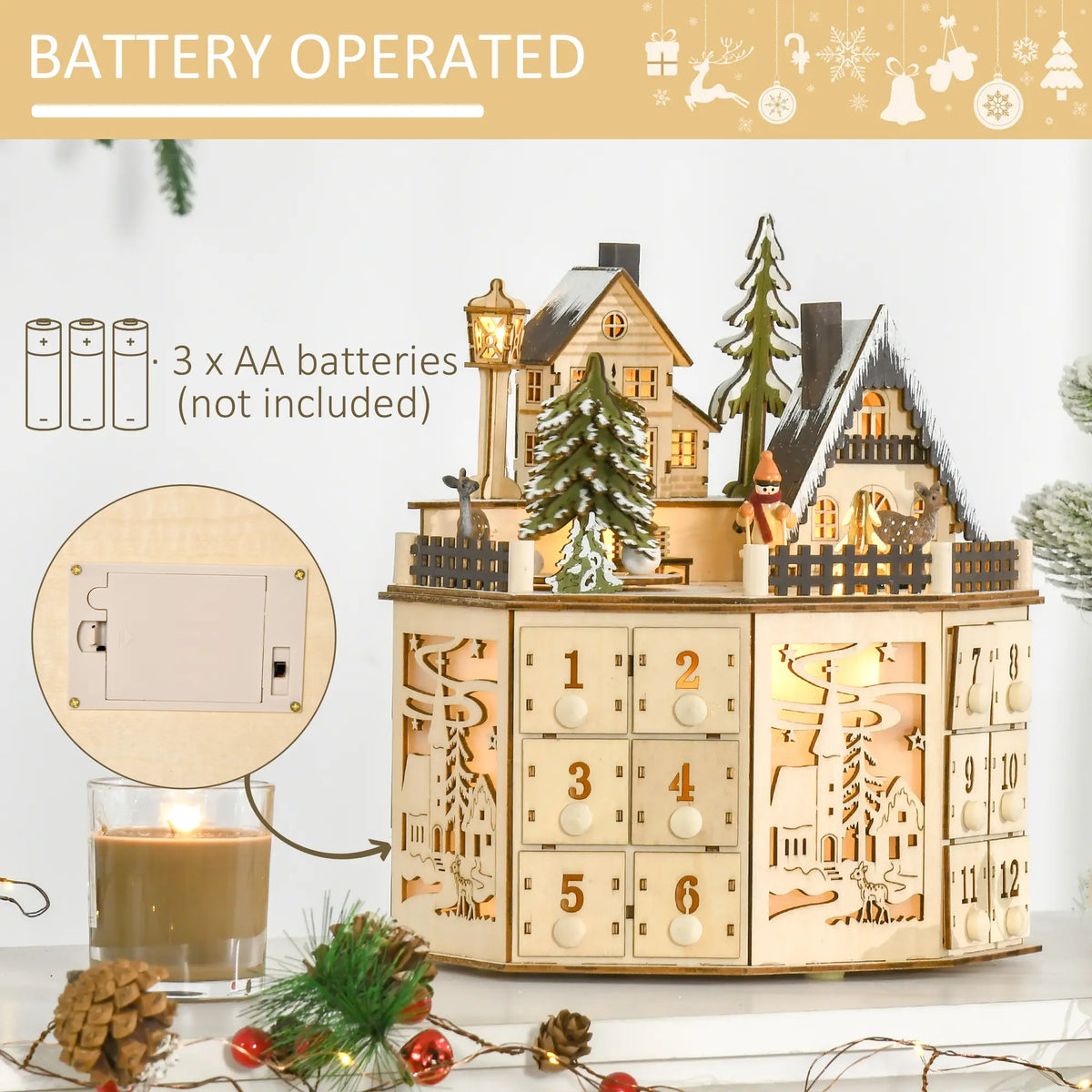 Wooden Christmas Advent Calendar, Lighted 24 Days, Battery Operated, Natural Christmas Advent Calendars at Gallery Canada