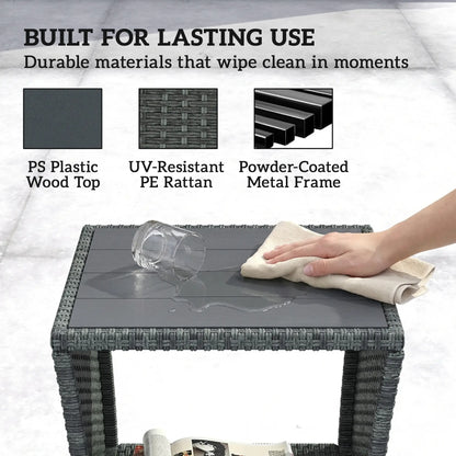 17.7" Square Wicker Side Table, Storage Shelf, Grey Patio Side Tables at Gallery Canada