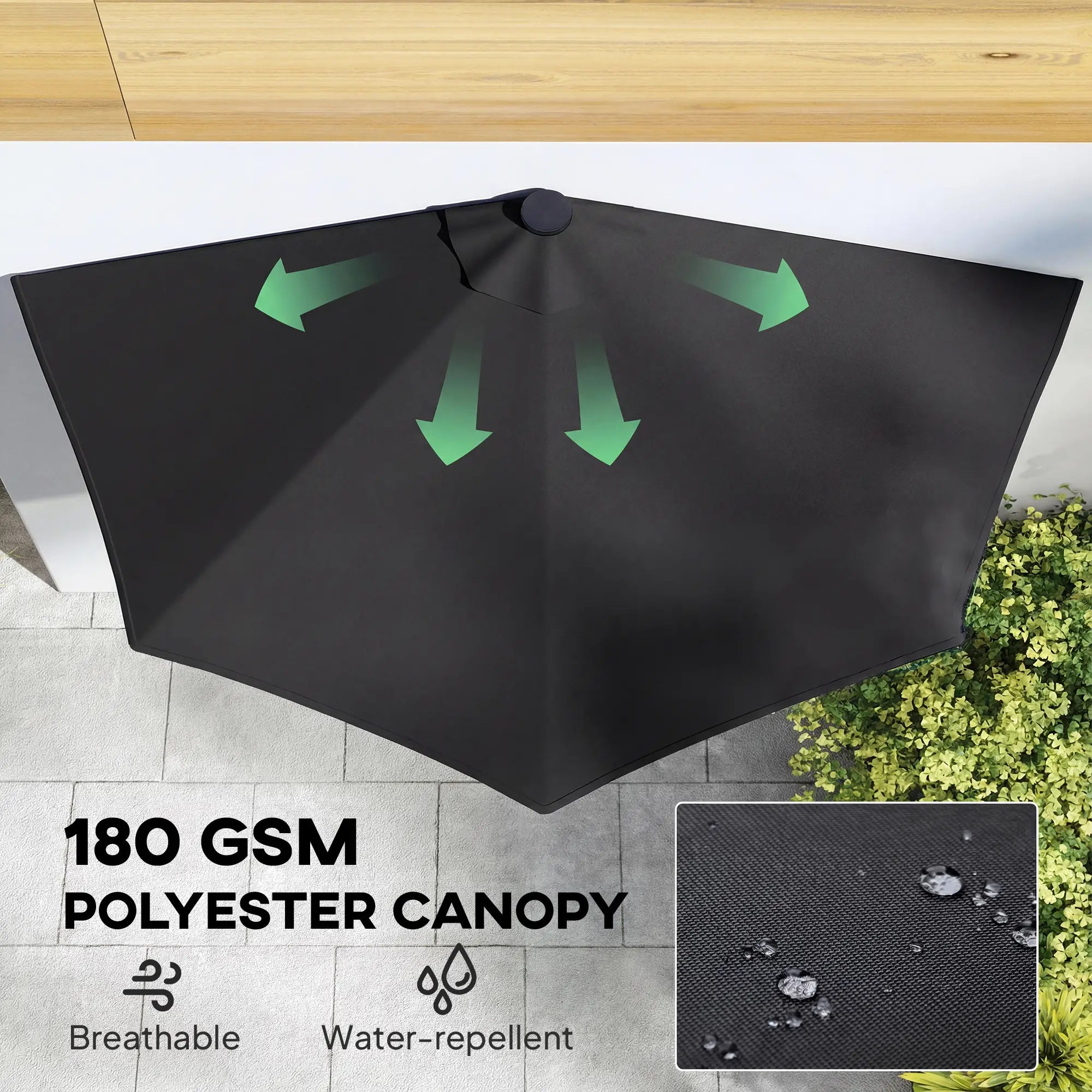 Half Outdoor Patio Umbrella, Solar LED Lights, Crank, 105.1