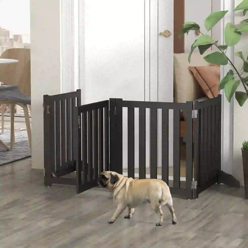 Foldable Dog Gate With Door, 4 Panels Freestanding, Black