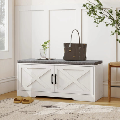 Shoe Bench With Cushion, Adjustable Shelves, Doors, White