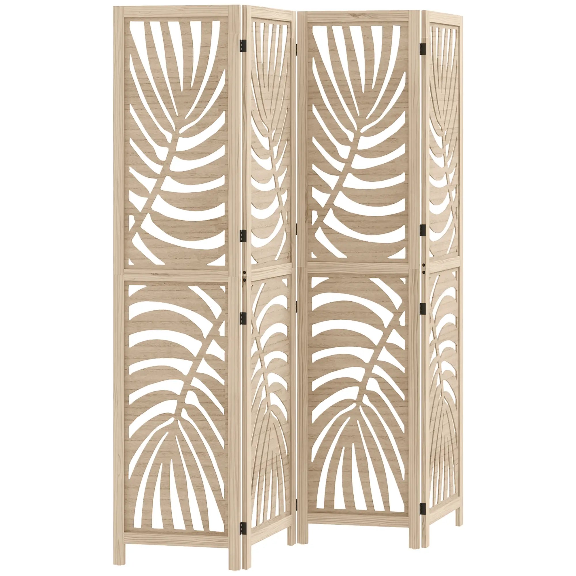 4 Panel Room Divider, Detachable Folding Privacy Screen, Palm Leaf Design, Natural Wood Finish Room Dividers at Gallery Canada
