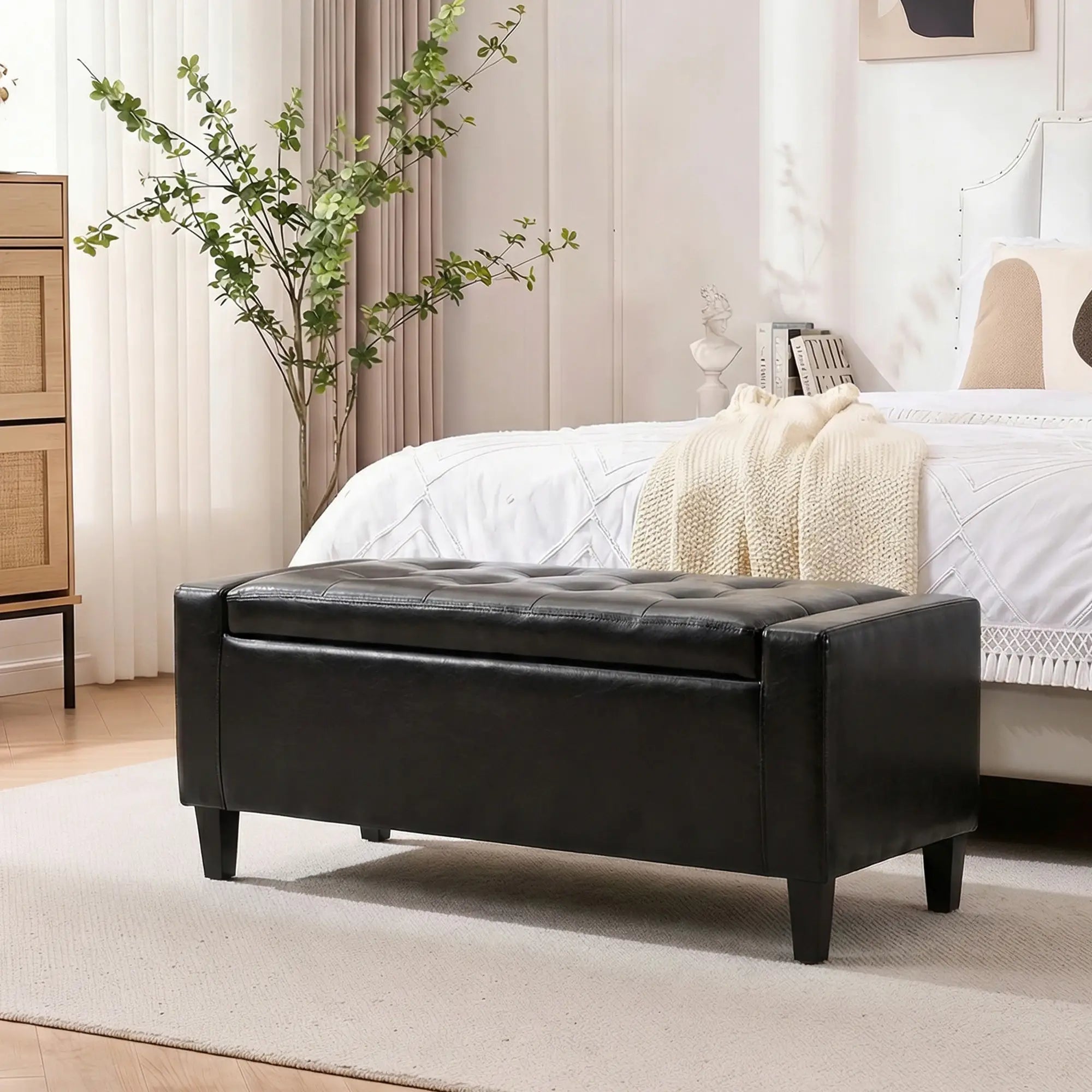 Storage Ottoman Bench, PU Leather Upholstered, Tufted Design, Black Storage Ottomans & Benches at Gallery Canada