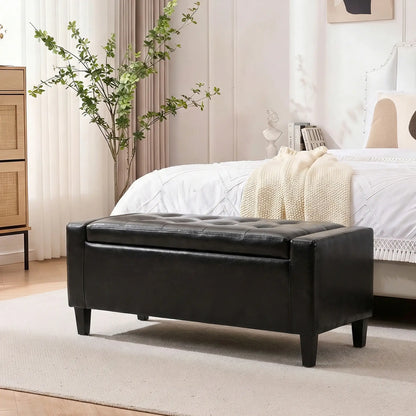 Storage Ottoman Bench, PU Leather Upholstered, Tufted Design, Black Storage Ottomans & Benches at Gallery Canada