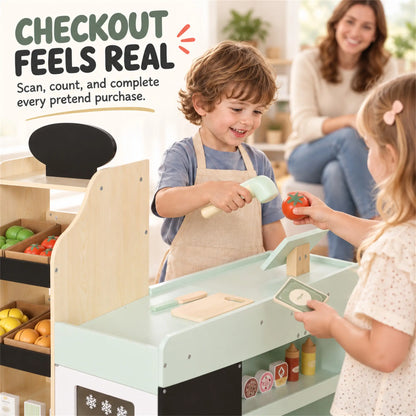 Ensemble de jeu d'épicerie en bois pour enfants, nourriture jouet, caisse enregistreuse, 44 accessoires