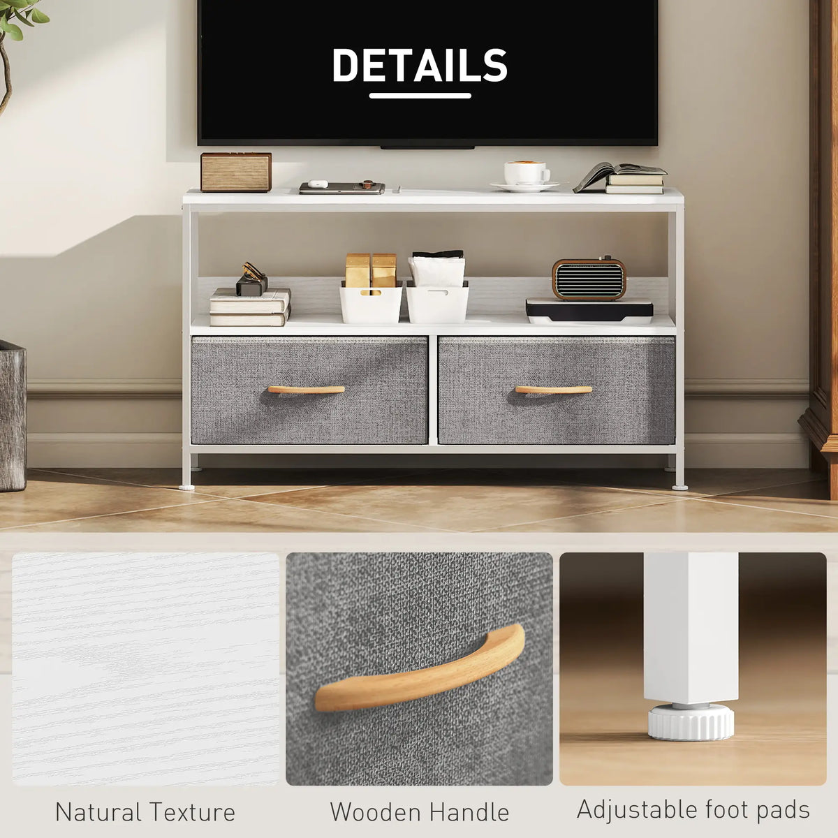 Meuble TV avec Station de Recharge, 2 Tiroirs Pliables, Étagère Ouverte, 47 Pouces, Blanc