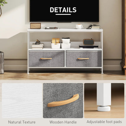 Meuble TV avec Station de Recharge, 2 Tiroirs Pliables, Étagère Ouverte, 47 Pouces, Blanc