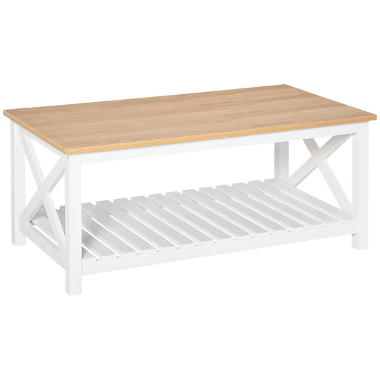 Farmhouse Coffee Table, Slatted Shelf, X Bar Frame, Natural, White Coffee Tables Nature Wood, White at Gallery Canada