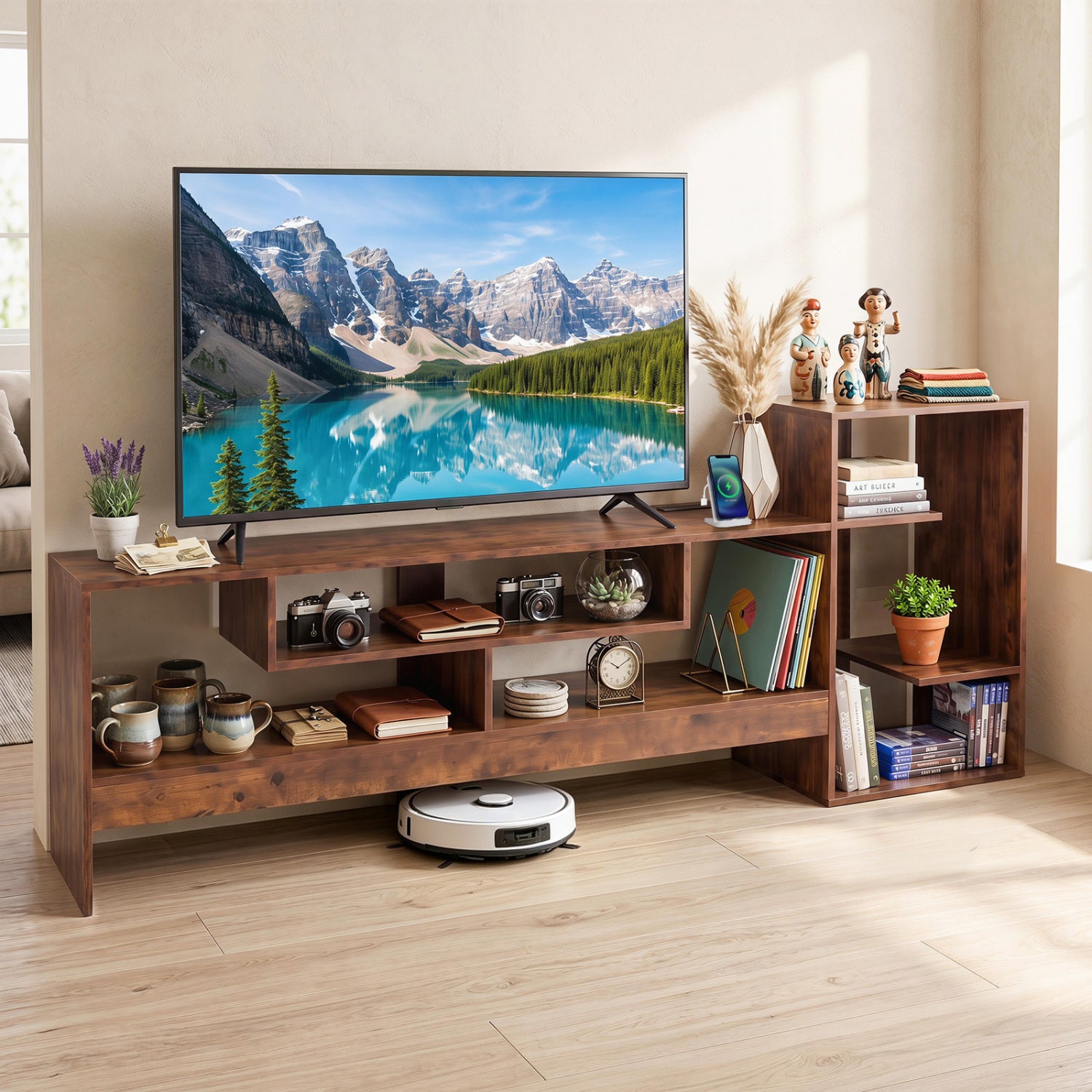 Cube TV Stand for 55 Inch TV with Power Outlets and Open Storage Shelves-Rusticbrown, Rustic Brown Entertainment Centers & TV Stands at Gallery Canada