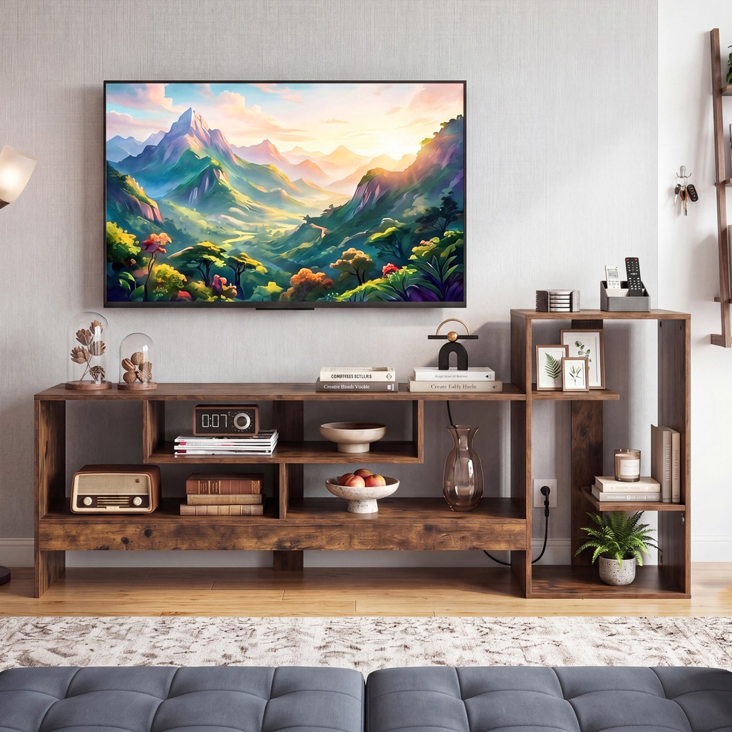Cube TV Stand for 55 Inch TV with Power Outlets and Open Storage Shelves-Rusticbrown, Rustic Brown Entertainment Centers & TV Stands at Gallery Canada