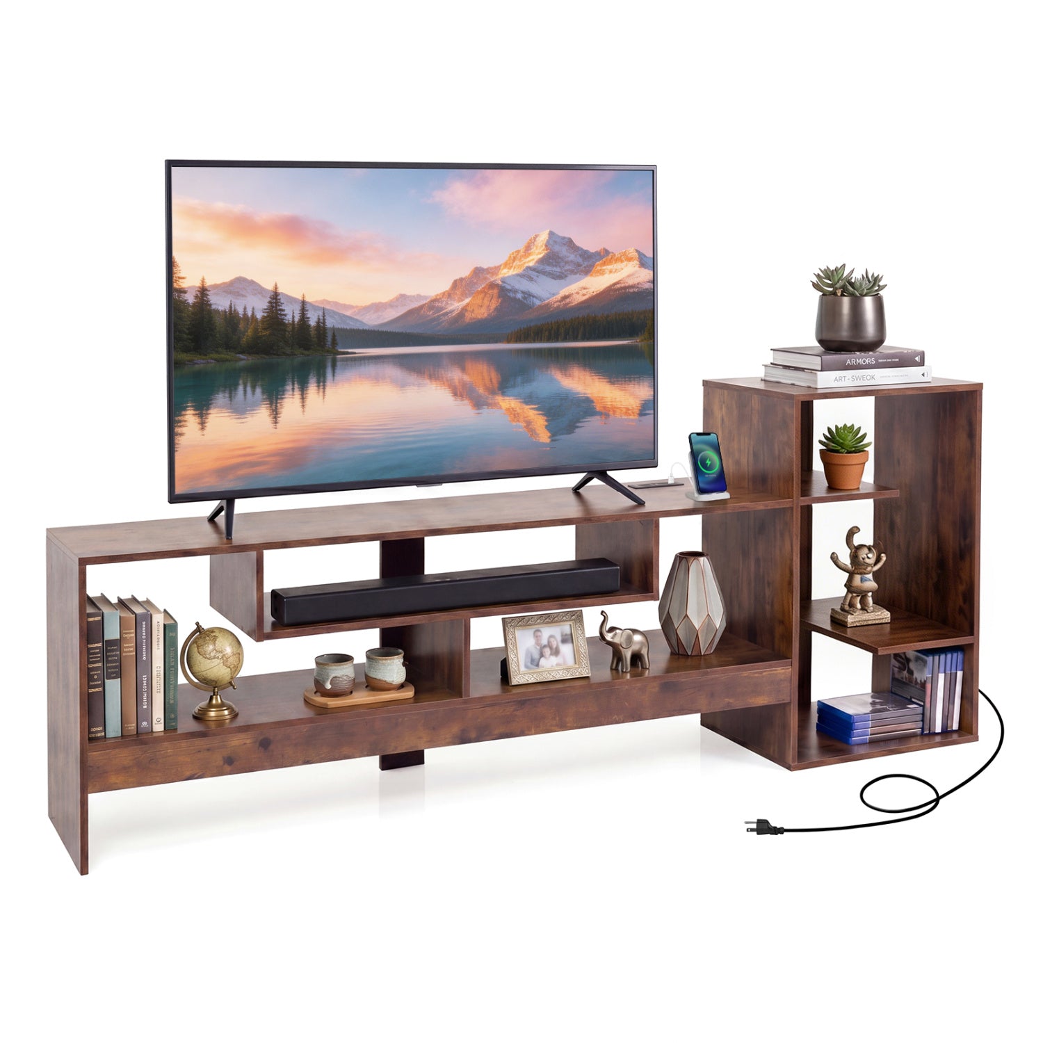Cube TV Stand for 55 Inch TV with Power Outlets and Open Storage Shelves-Rusticbrown, Rustic Brown Entertainment Centers & TV Stands Rustic Brown at Gallery Canada
