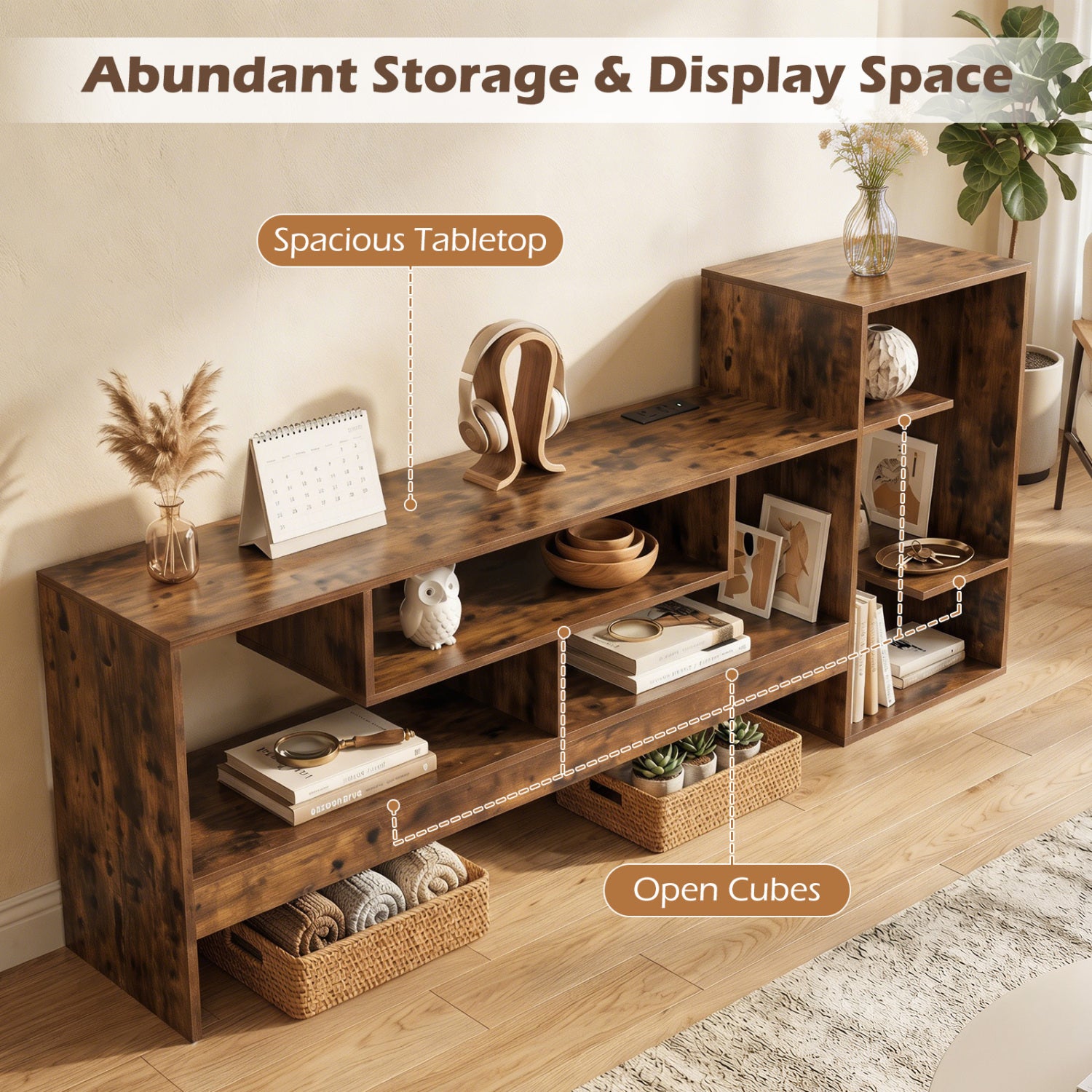 Cube TV Stand for 55 Inch TV with Power Outlets and Open Storage Shelves-Rusticbrown, Rustic Brown Entertainment Centers & TV Stands at Gallery Canada