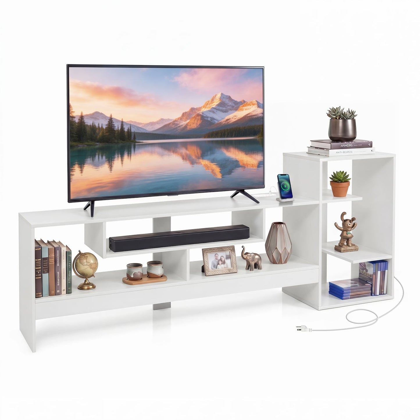 Cube TV Stand for 55" TV with Power Outlets, White