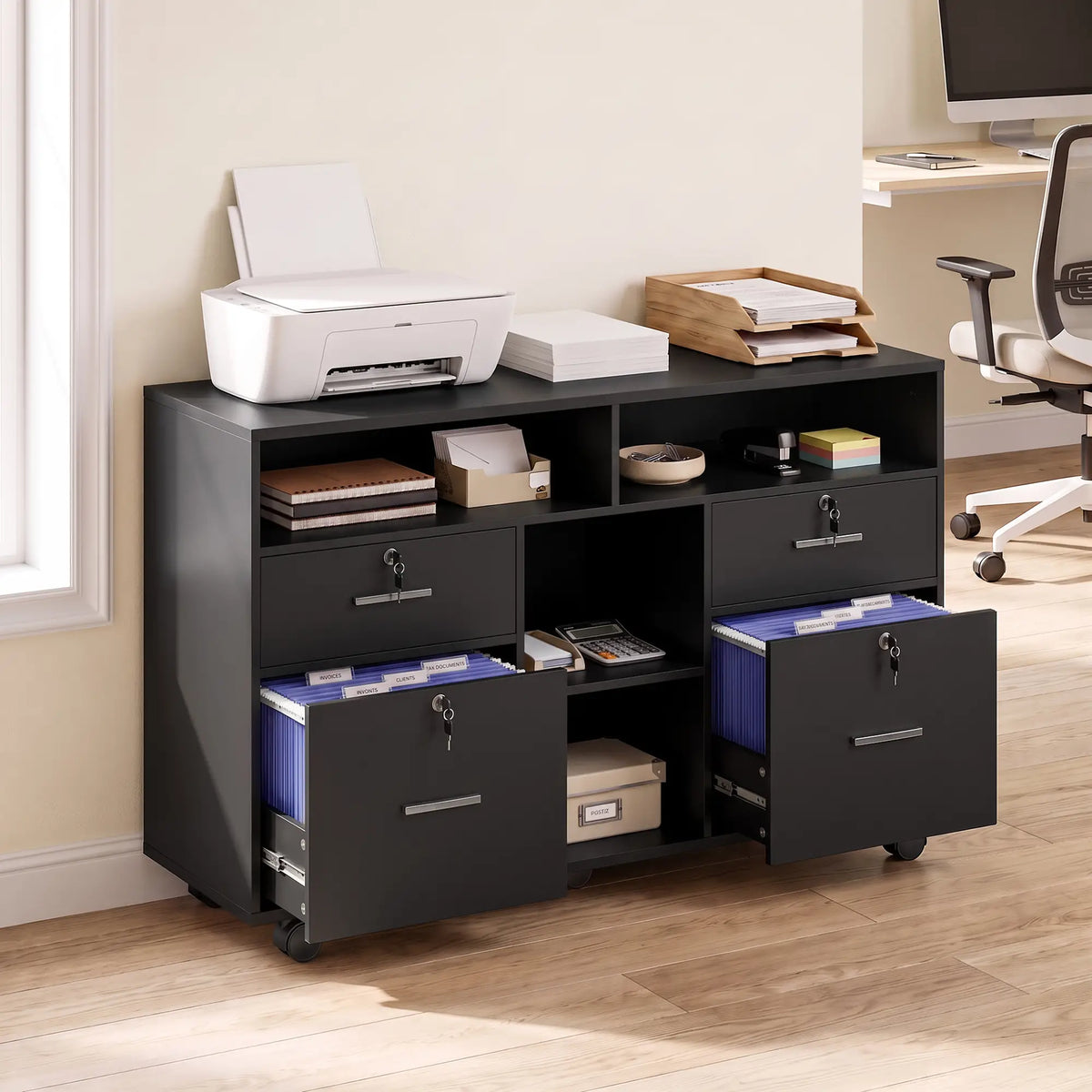 Filing Cabinet Locking Drawers Open Shelves 5 Casters, Black