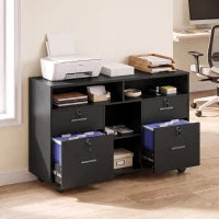 Filing Cabinet Locking Drawers Open Shelves 5 Casters, Black