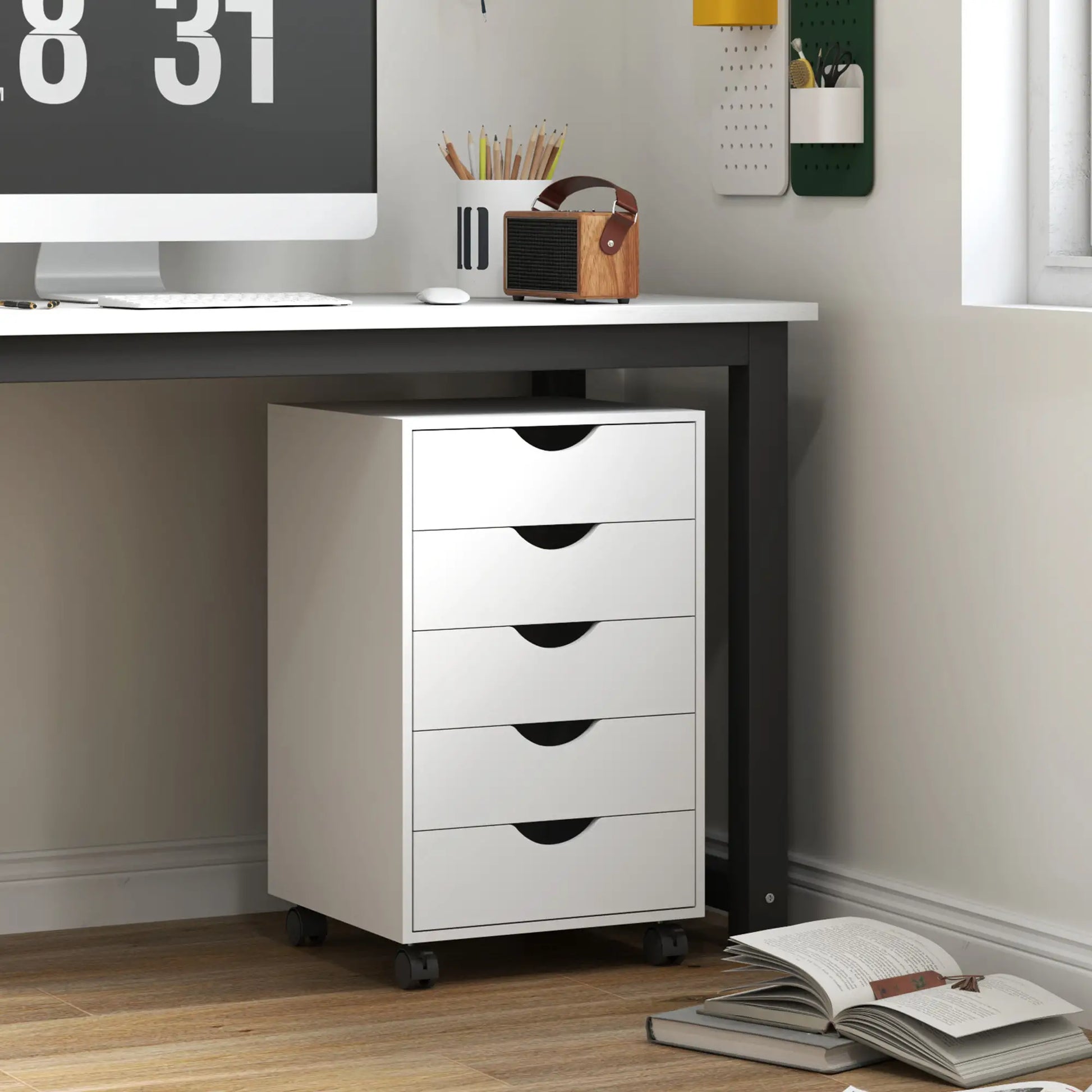 5 Drawer File Cabinet on Wheels, 15.7" x 15.7" x 26.4", White Office Cabinets & Cupboards at Gallery Canada