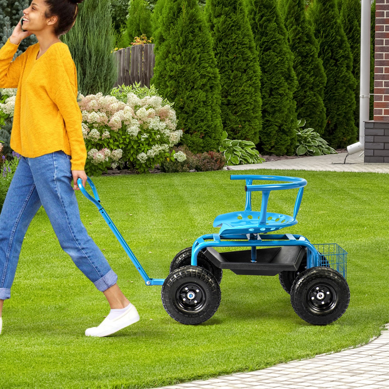 Cushioned Rolling Garden Cart Scooter With Storage Basket, Tool Pouch, Blue Garden Carts at Gallery Canada