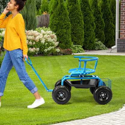 Cushioned Rolling Garden Cart Scooter With Storage Basket, Tool Pouch, Blue Garden Carts at Gallery Canada