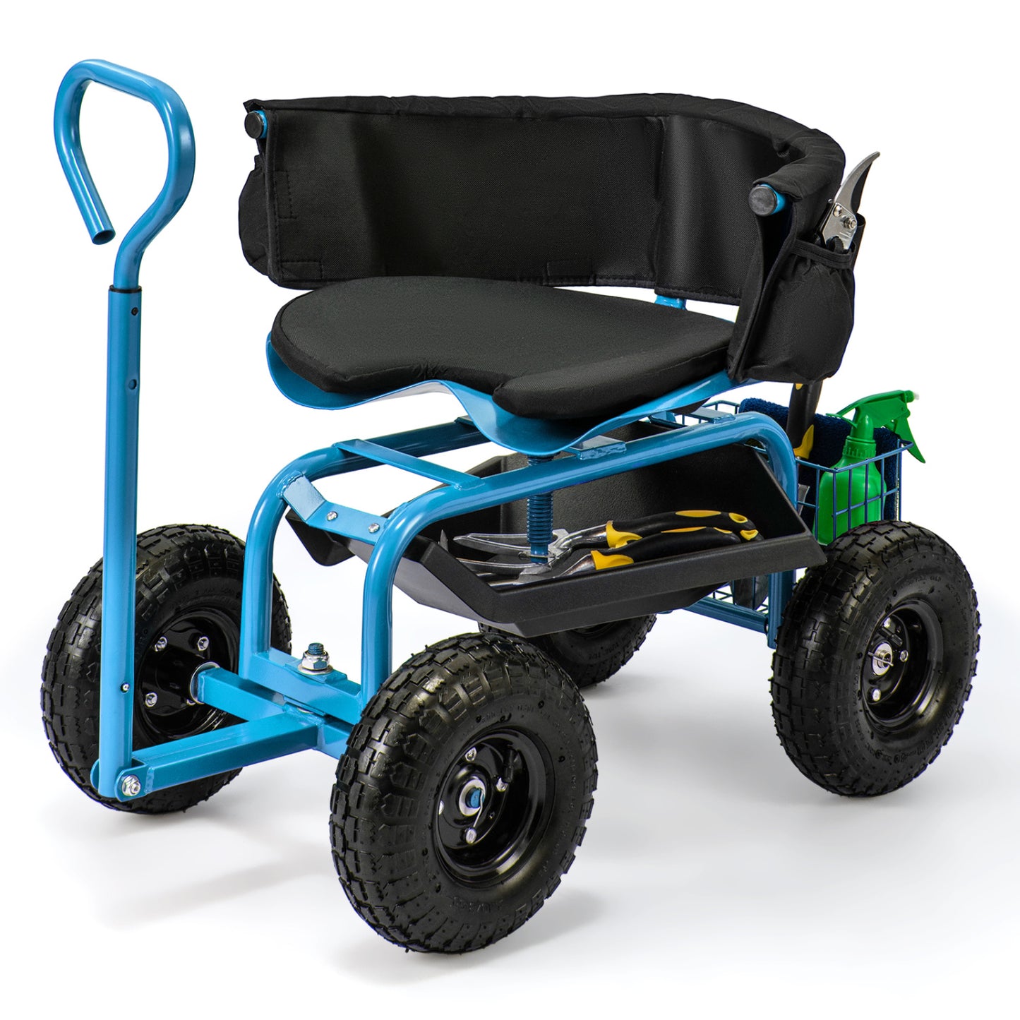 Cushioned Rolling Garden Cart Scooter With Storage Basket, Tool Pouch, Blue Garden Carts at Gallery Canada