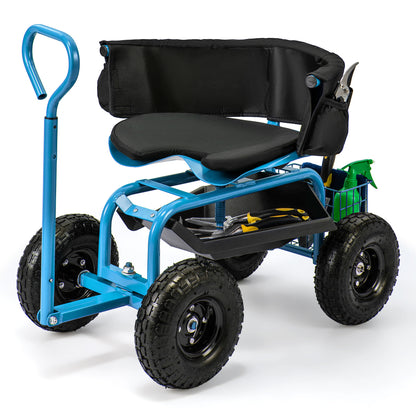 Cushioned Rolling Garden Cart Scooter With Storage Basket, Tool Pouch, Blue Garden Carts at Gallery Canada