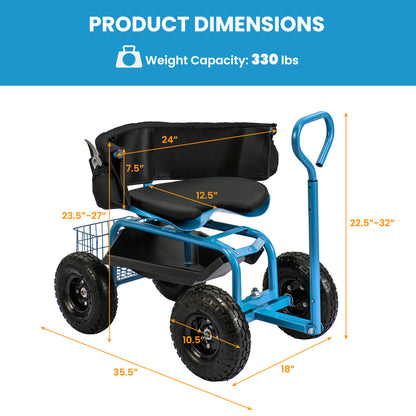 Cushioned Rolling Garden Cart Scooter With Storage Basket, Tool Pouch, Blue Garden Carts at Gallery Canada