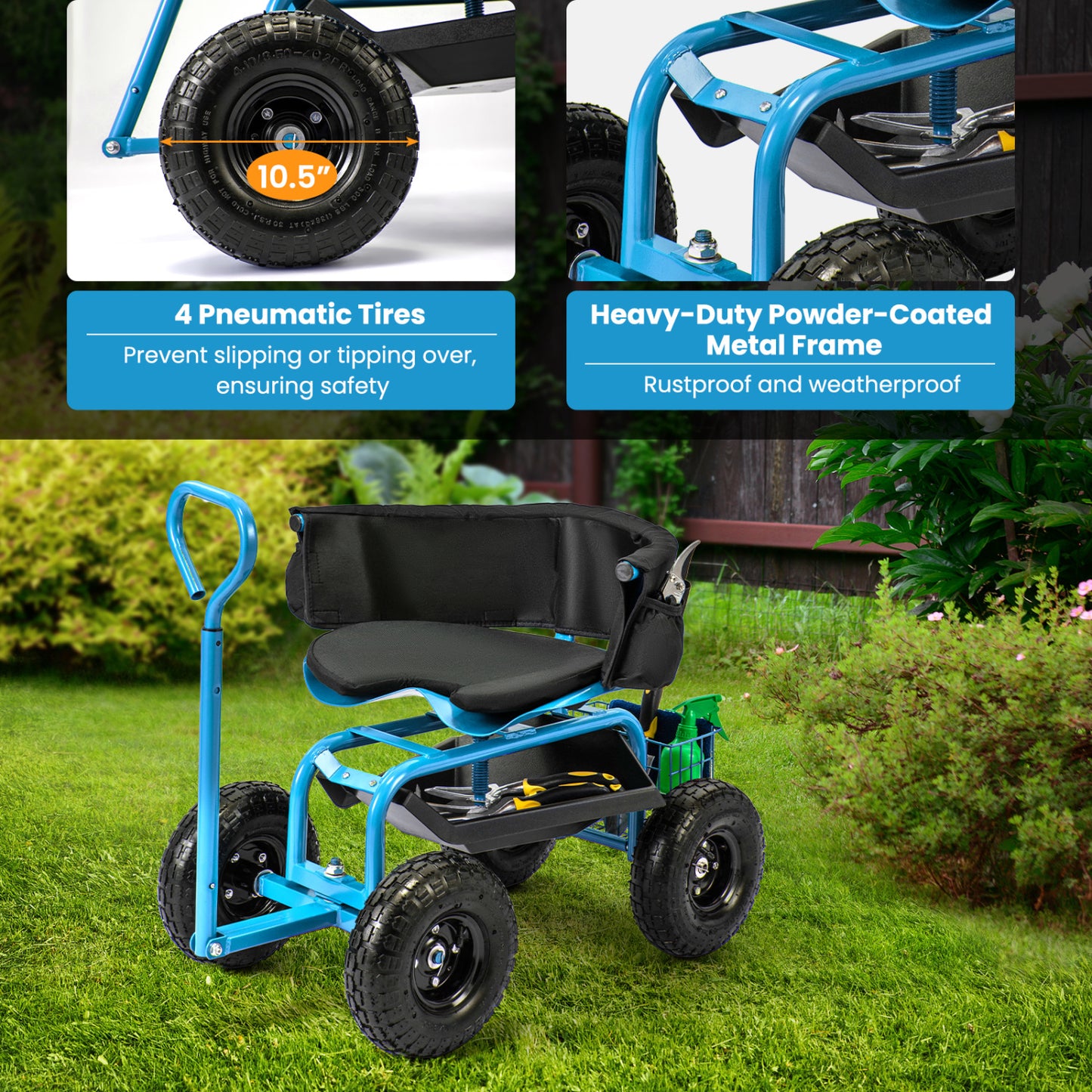 Cushioned Rolling Garden Cart Scooter With Storage Basket, Tool Pouch, Blue Garden Carts at Gallery Canada