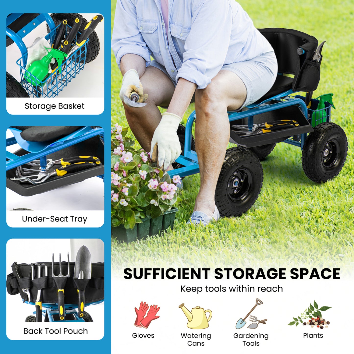 Cushioned Rolling Garden Cart Scooter With Storage Basket, Tool Pouch, Blue Garden Carts at Gallery Canada