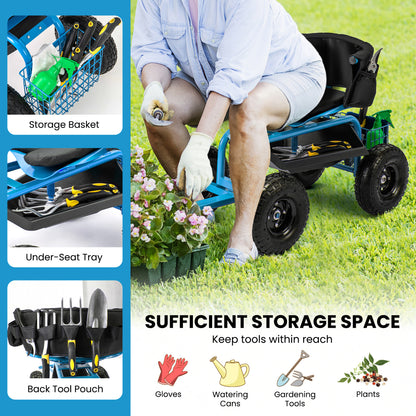 Cushioned Rolling Garden Cart Scooter With Storage Basket, Tool Pouch, Blue Garden Carts at Gallery Canada