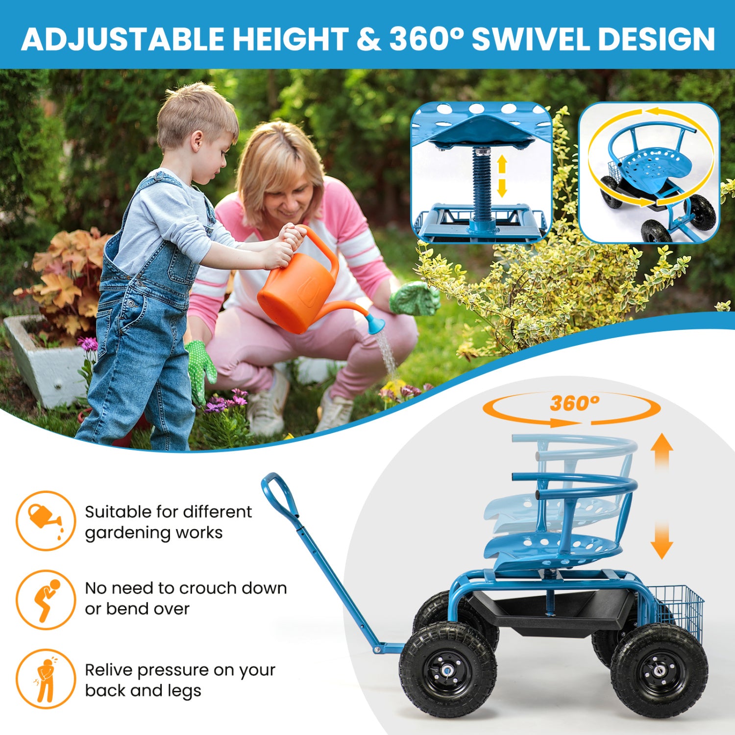 Cushioned Rolling Garden Cart Scooter With Storage Basket, Tool Pouch, Blue Garden Carts at Gallery Canada