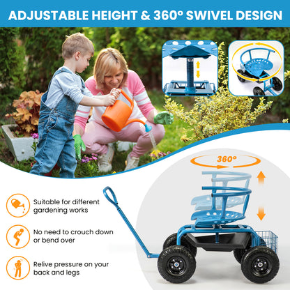 Cushioned Rolling Garden Cart Scooter With Storage Basket, Tool Pouch, Blue Garden Carts at Gallery Canada