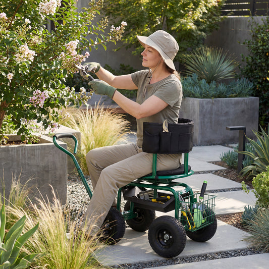 Cushioned Rolling Garden Cart Scooter, With Storage Basket And Tool Pouch, Green Garden Carts Green at Gallery Canada