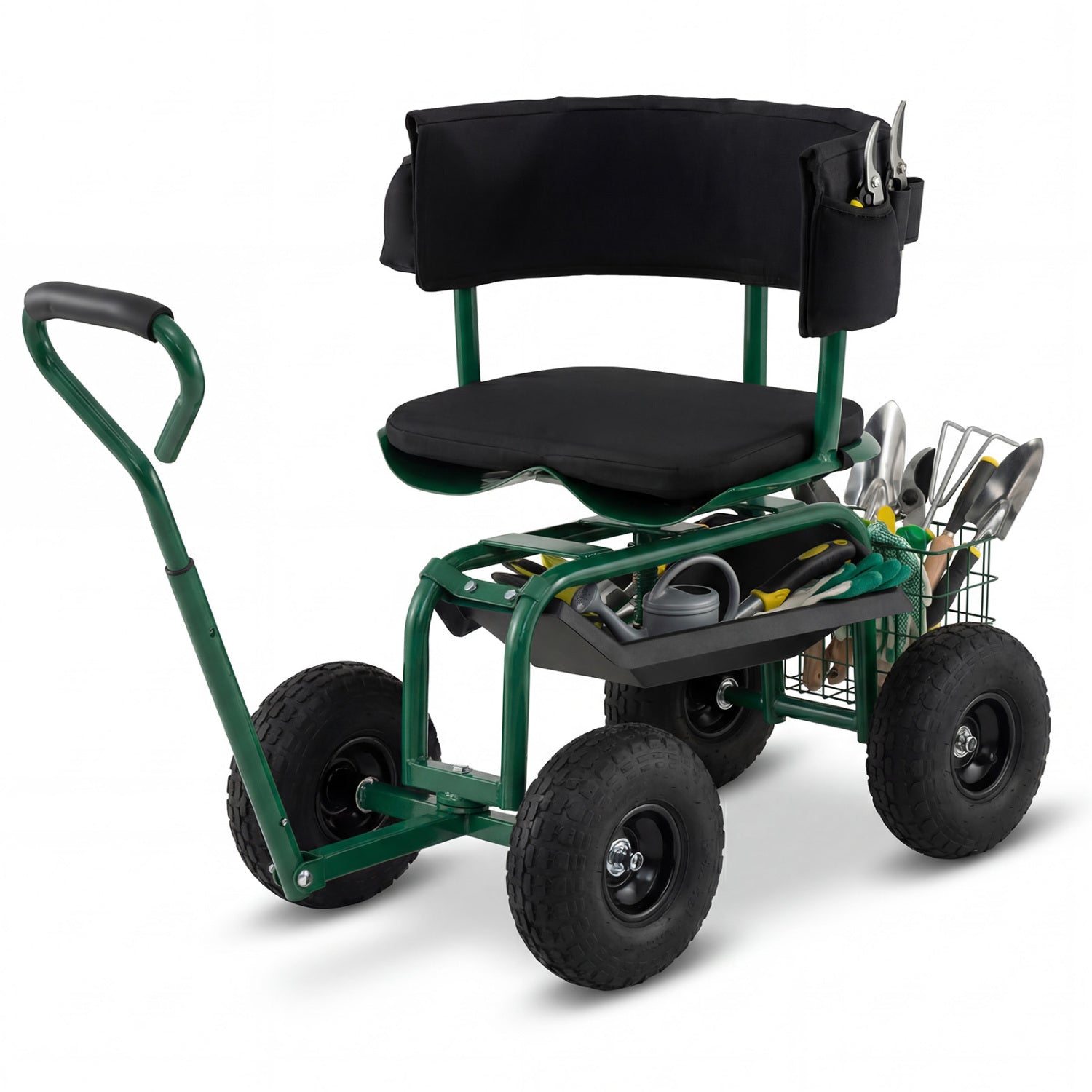 Cushioned Rolling Garden Cart Scooter, With Storage Basket And Tool Pouch, Green Garden Carts Green at Gallery Canada