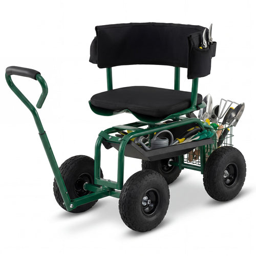 Cushioned Rolling Garden Cart Scooter, With Storage Basket And Tool Pouch, Green