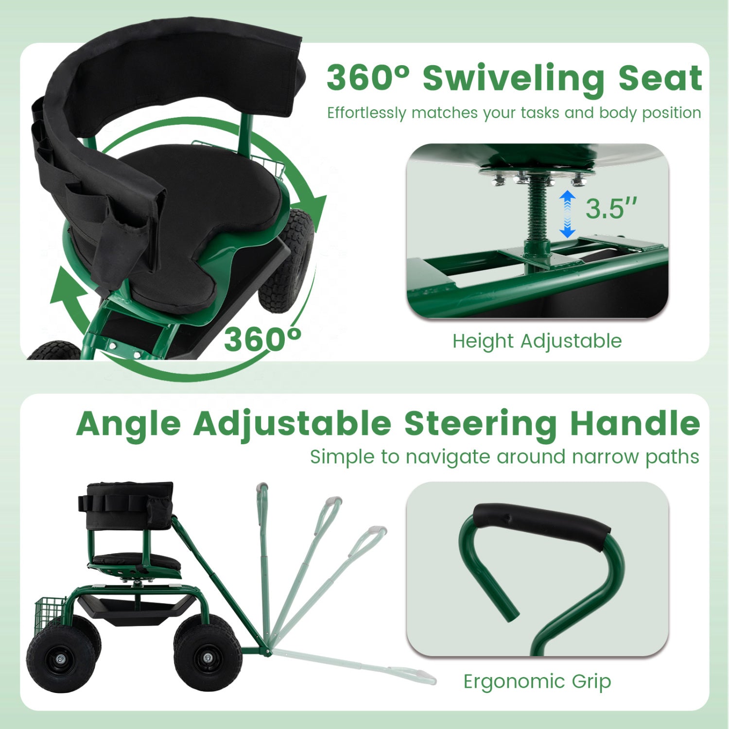 Cushioned Rolling Garden Cart Scooter, With Storage Basket And Tool Pouch, Green Garden Carts at Gallery Canada