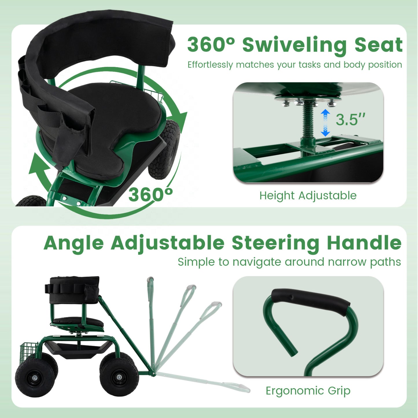 Cushioned Rolling Garden Cart Scooter, With Storage Basket And Tool Pouch, Green Garden Carts at Gallery Canada