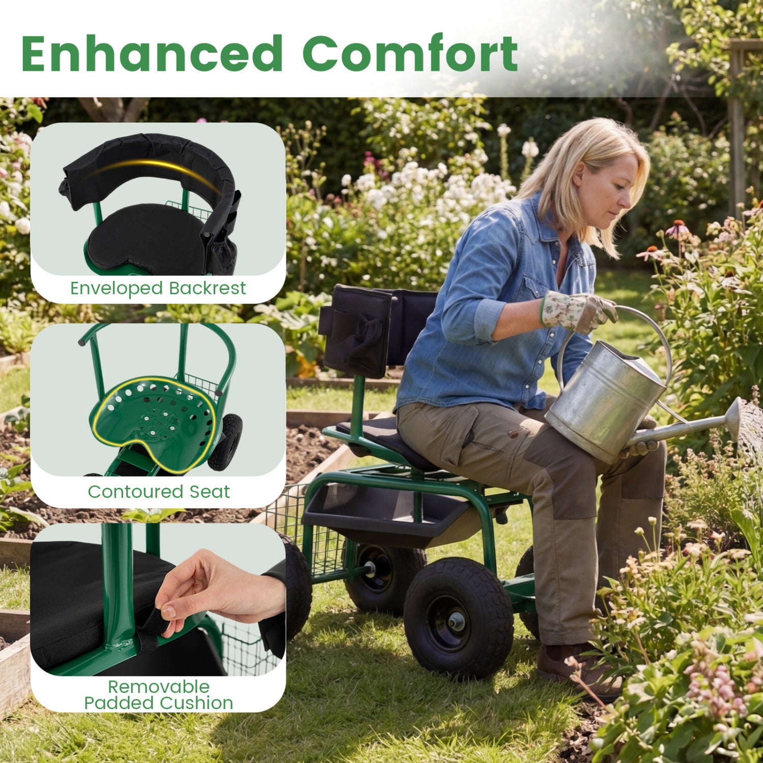 Cushioned Rolling Garden Cart Scooter, With Storage Basket And Tool Pouch, Green Garden Carts at Gallery Canada