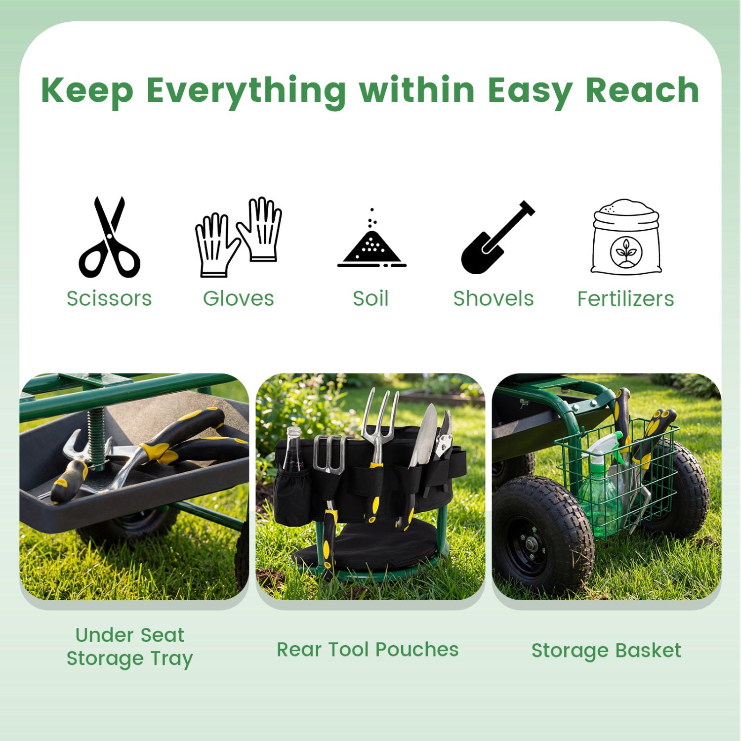 Cushioned Rolling Garden Cart Scooter, With Storage Basket And Tool Pouch, Green Garden Carts at Gallery Canada