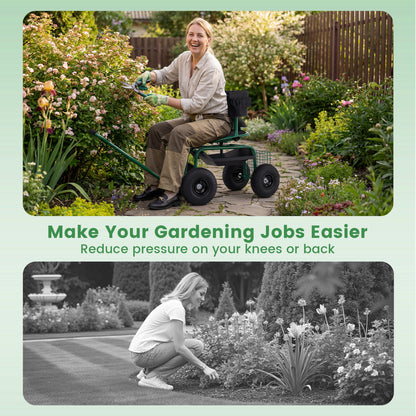 Cushioned Rolling Garden Cart Scooter, With Storage Basket And Tool Pouch, Green Garden Carts at Gallery Canada