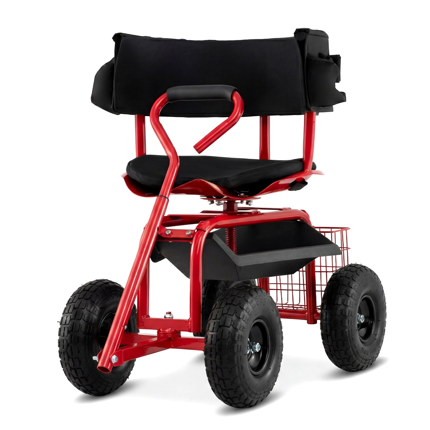 Cushioned Rolling Garden Cart Scooter With Storage Basket, Tool Pouch, Red, Black Garden Carts Black & Red at Gallery Canada