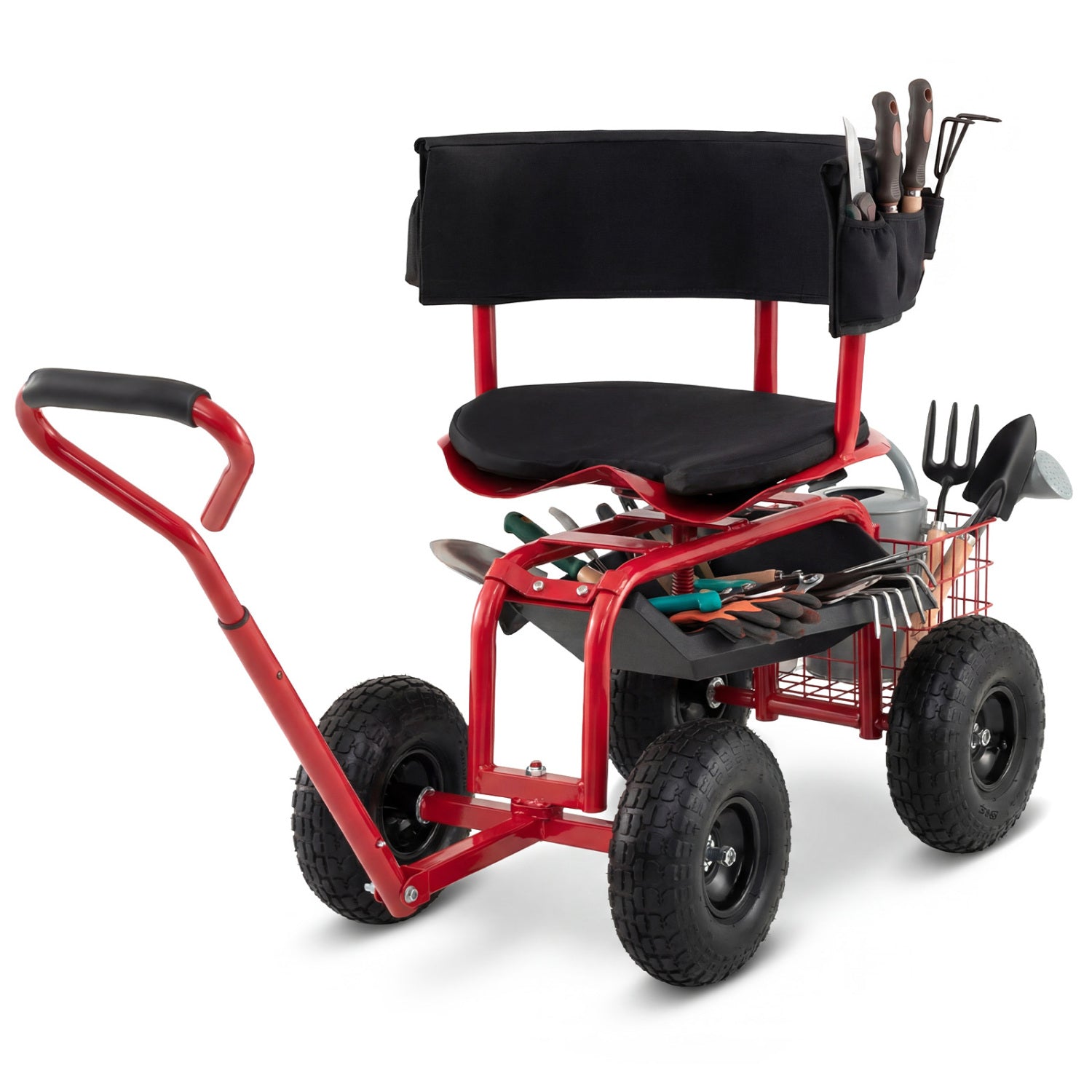 Cushioned Rolling Garden Cart Scooter With Storage Basket, Tool Pouch, Red, Black Garden Carts at Gallery Canada