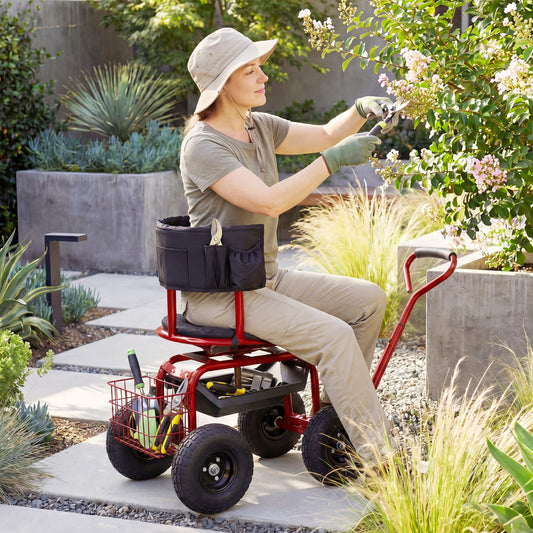 Cushioned Rolling Garden Cart Scooter With Storage Basket, Tool Pouch, Red, Black Garden Carts Black & Red at Gallery Canada