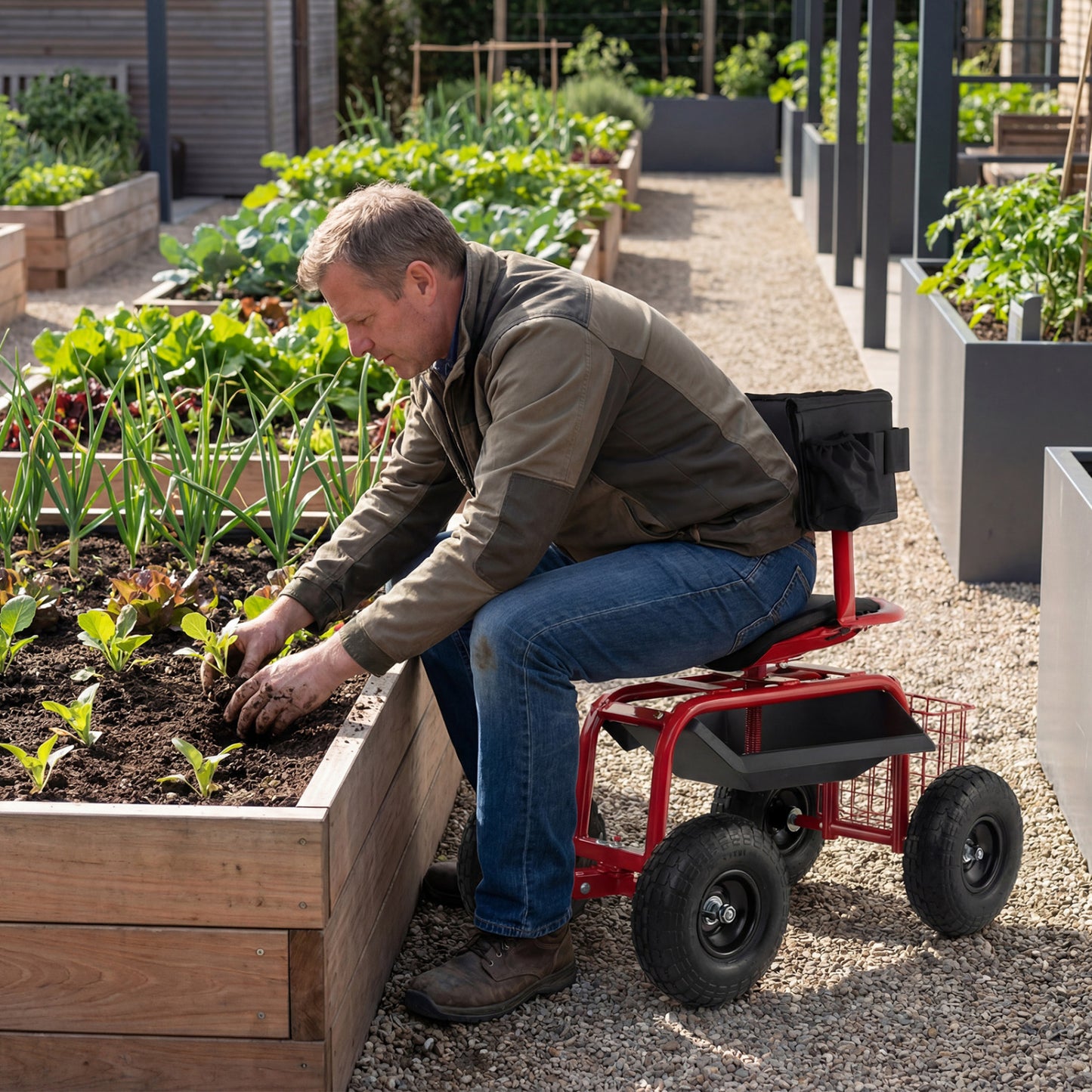 Cushioned Rolling Garden Cart Scooter With Storage Basket, Tool Pouch, Red, Black Garden Carts at Gallery Canada
