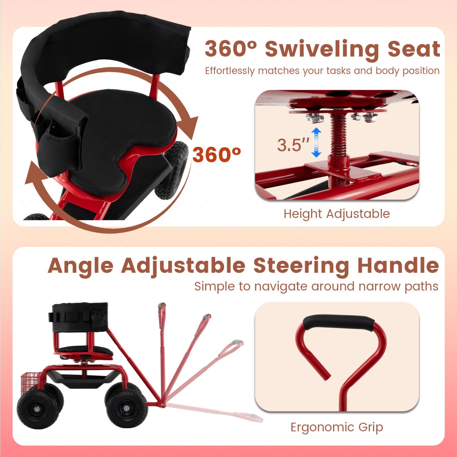 Cushioned Rolling Garden Cart Scooter With Storage Basket, Tool Pouch, Red, Black Garden Carts at Gallery Canada