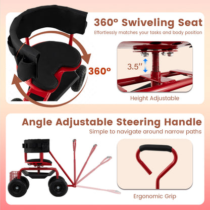 Cushioned Rolling Garden Cart Scooter With Storage Basket, Tool Pouch, Red, Black Garden Carts at Gallery Canada