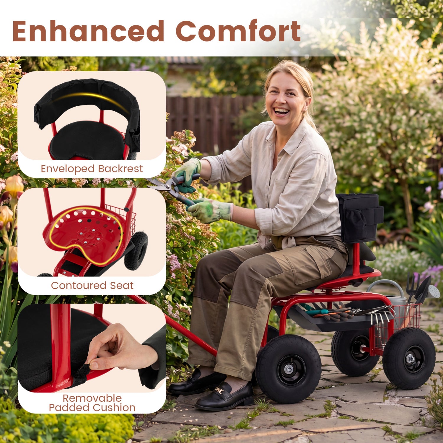 Cushioned Rolling Garden Cart Scooter With Storage Basket, Tool Pouch, Red, Black Garden Carts at Gallery Canada