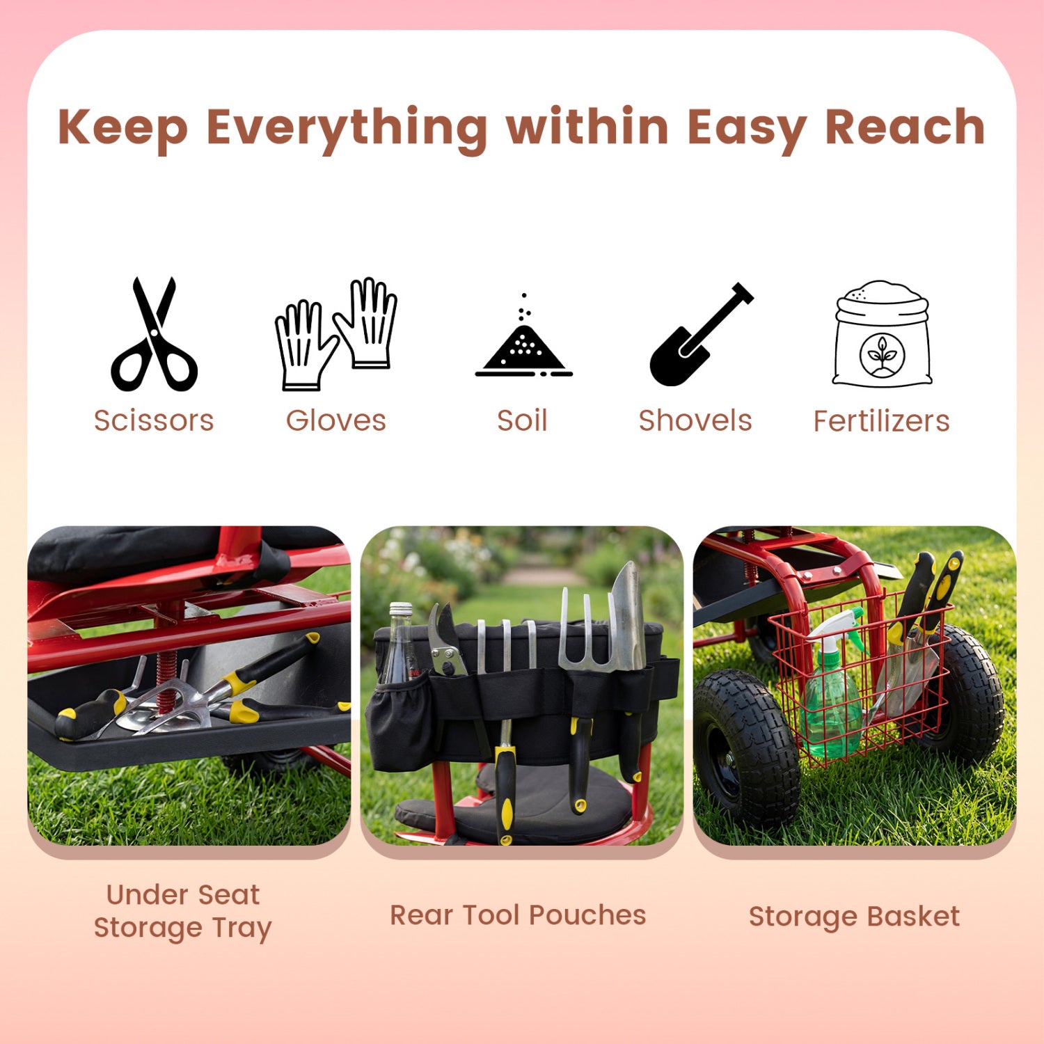 Cushioned Rolling Garden Cart Scooter With Storage Basket, Tool Pouch, Red, Black Garden Carts at Gallery Canada