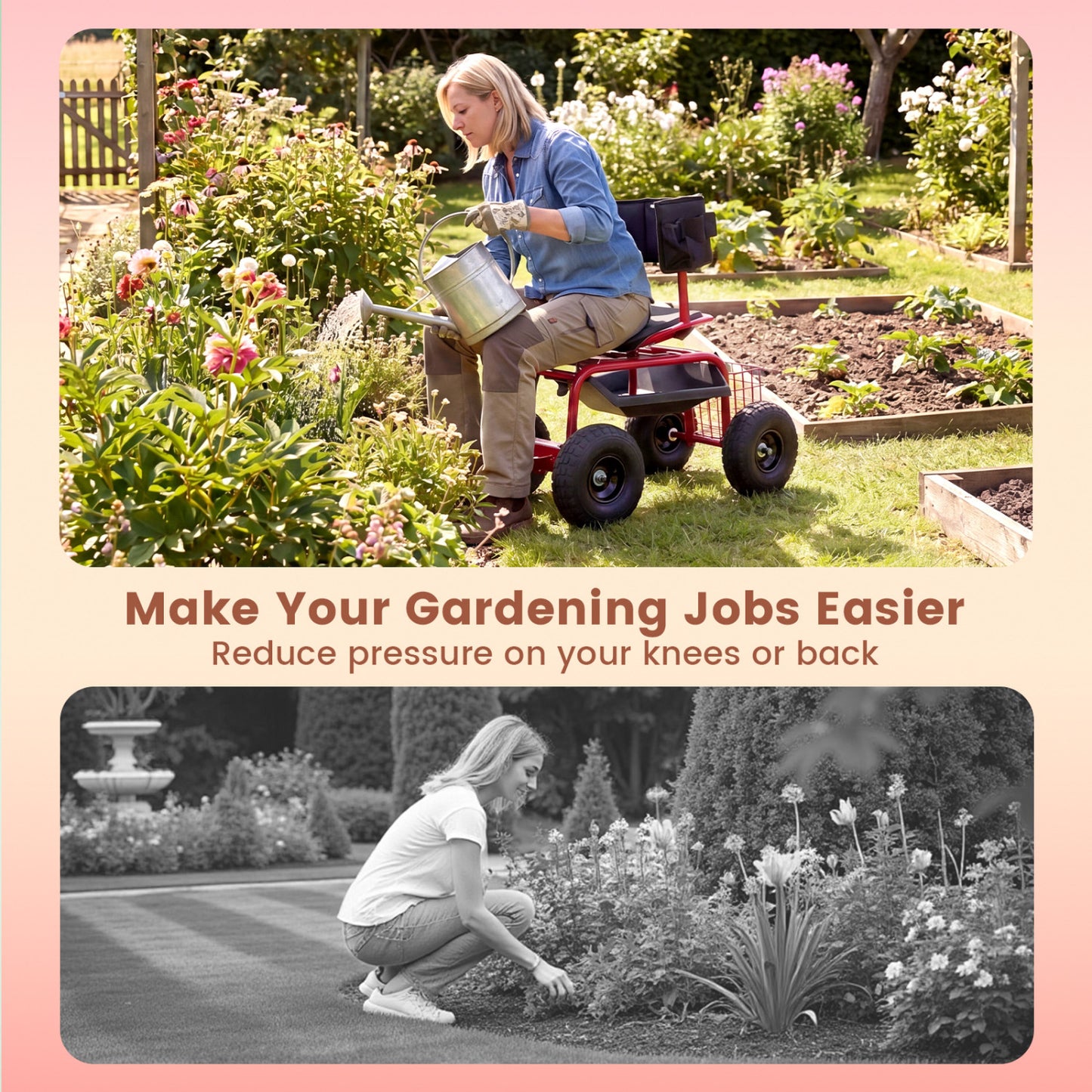 Cushioned Rolling Garden Cart Scooter With Storage Basket, Tool Pouch, Red, Black Garden Carts at Gallery Canada