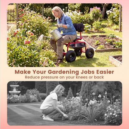 Cushioned Rolling Garden Cart Scooter With Storage Basket, Tool Pouch, Red, Black Garden Carts at Gallery Canada