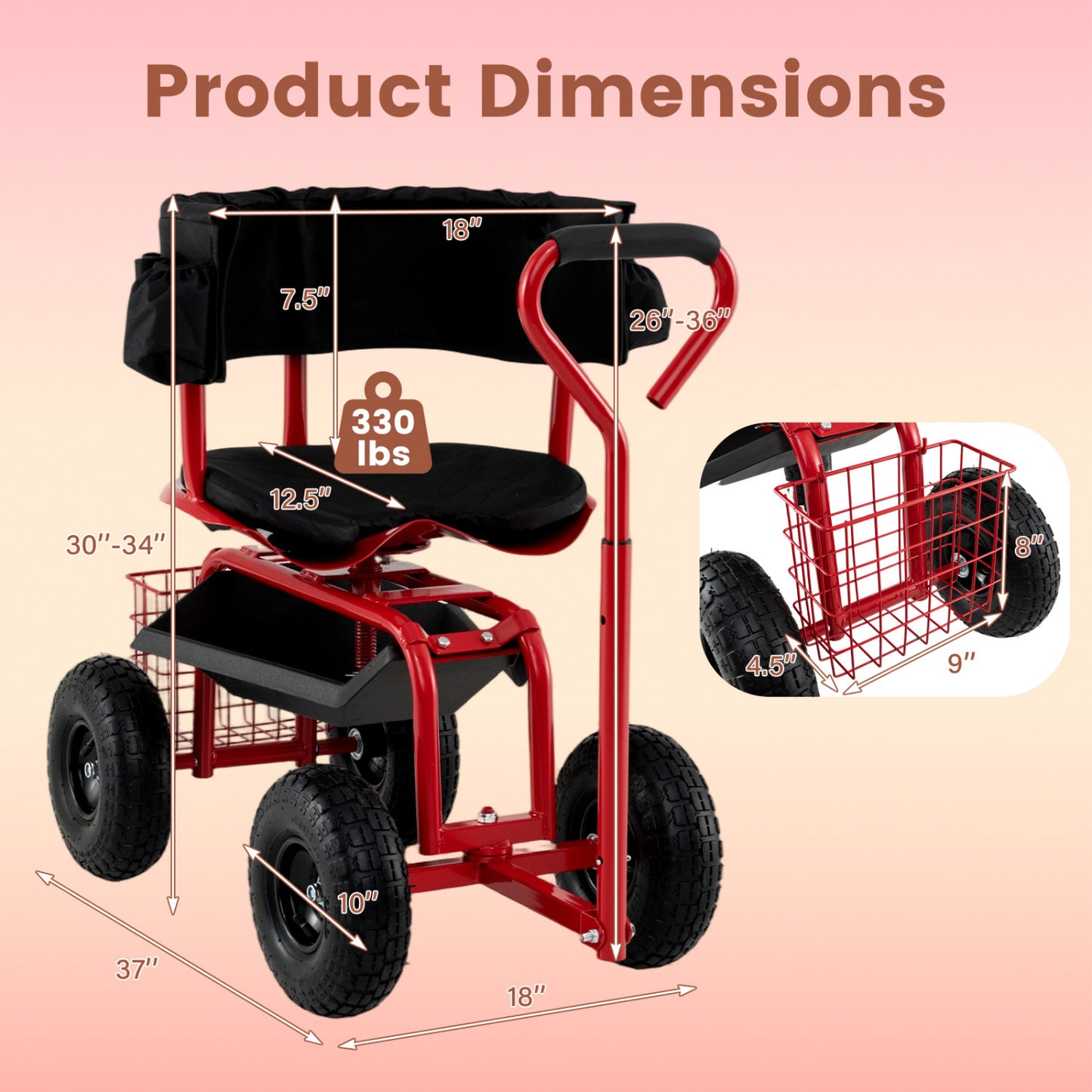 Cushioned Rolling Garden Cart Scooter With Storage Basket, Tool Pouch, Red, Black Garden Carts at Gallery Canada